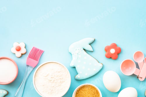 Preview: Easter baking background at blue flat lay.