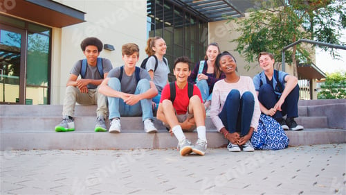 Preview: Portrait Of Multi-Cultural High School Student Group Sitting Outside College Buildings