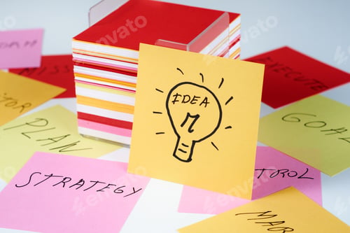 Preview: Brainstorming session with sticky notes on strategy and mission, highlighting key actions and ideas