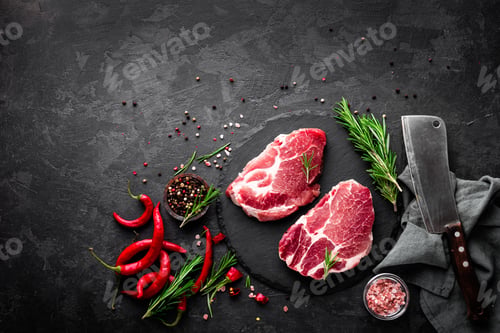 Preview: Raw pork meat. Fresh steaks on slate board on black background. Top view
