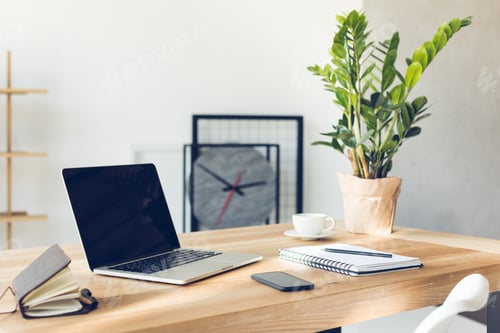 Preview: design of workplace in home office with modern equipment and objects
