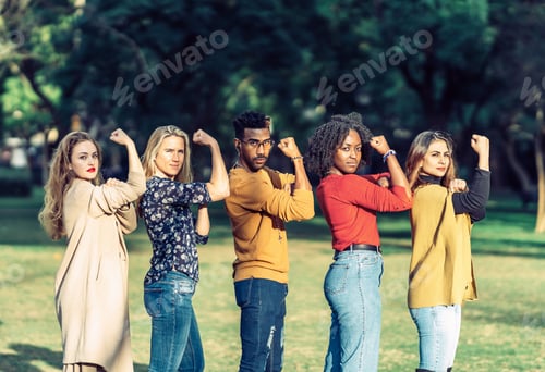 Preview: multiethnic people imitating the gesture of rosie the riveter