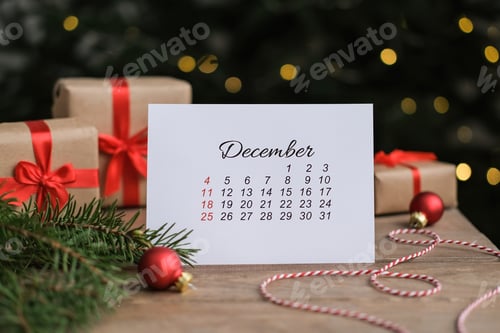 Preview: Page december calendar with Christmas gift boxes and decoration around. Xmas preparation
