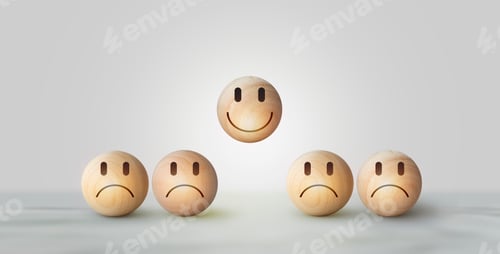 Preview: Smile icon wooden ball, sad face in dark side on wooden block cu