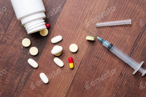 Preview: Scattered Pills and Syringe on Wooden Table
