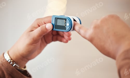 Preview: Blood pressure, hand technology and isolated on wall background for healthcare check, diabetes or h