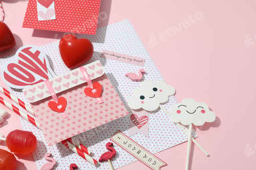 Preview: Valentine's Day accessories on pink background, space for text