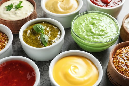 Preview: Set of different delicious sauces on table