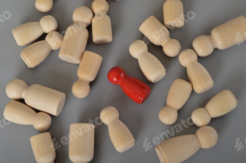 Preview: Red wooden people among the workers. Choose an employee among others. Choose the best candidates.