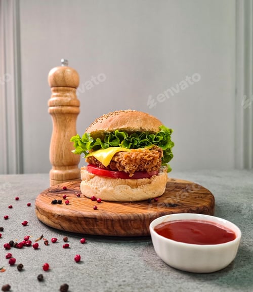 Preview: Delicious burger and sauce on wooden board