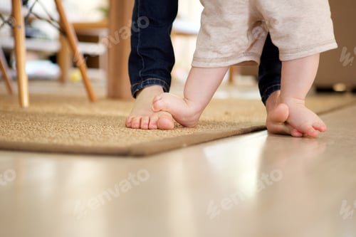Preview: mother teaching baby to walk indoors