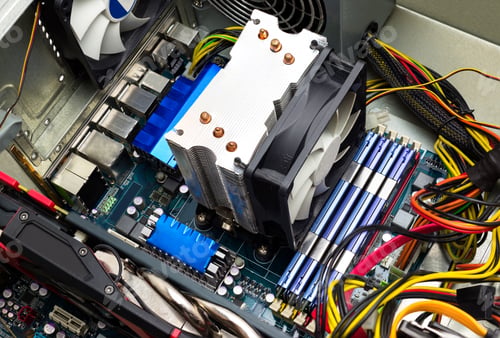 Preview: Computer motherboard top view visible heat sink