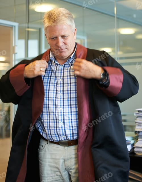 Man in Checked Shirt Draping Robe in Office