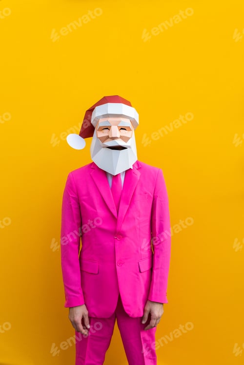 Preview: Man with funny low poly mask on colored background