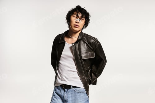 Preview: Stylish young asian man strikes a pose, embodying modern fashion trends in a studio