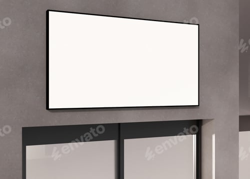 Preview: A modern rectangular blank signboard on a textured grey wall above a entry, ideal for businesses