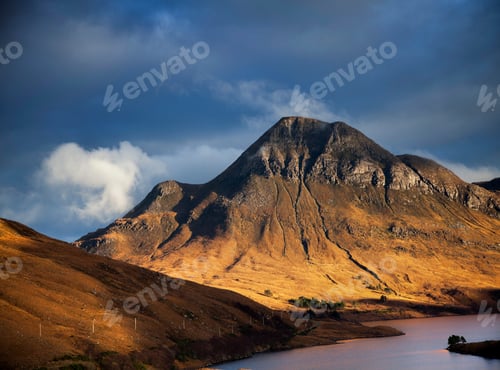 Preview: Mountain loch and dramatic sky, Assynt, North West Highlands, Scotland, UK
