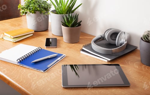 Preview: home office desk with tablet computer smartphone notebook houseplants, working space at home