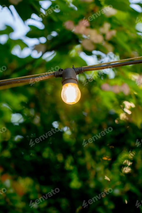 Preview: close-up a against the background of blurred tree leaves hanging restaurant street lights cozy