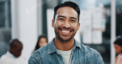 Preview: Happy, portrait and asian man with team in confidence for leadership, meeting or productivity at of