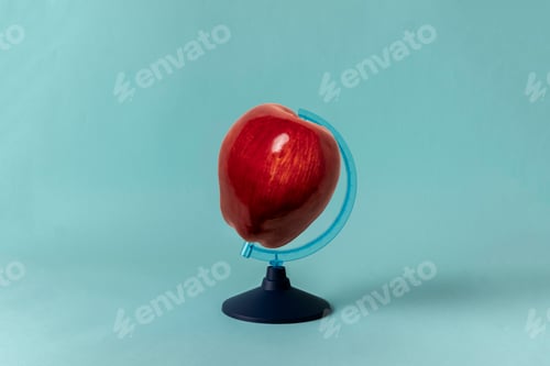 Vista previa: un concepto creativo con el planeta tierra hecho de frutas, conversación global