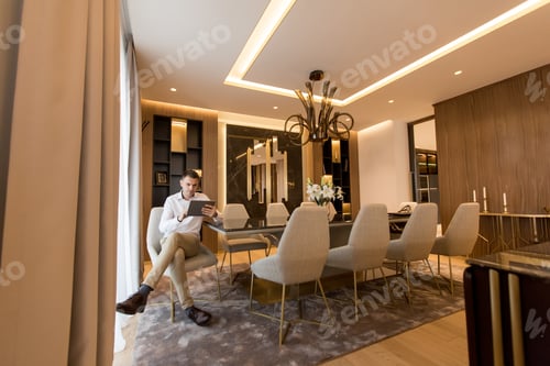 Preview: Handsome young man using digital tablet at luxury apartment