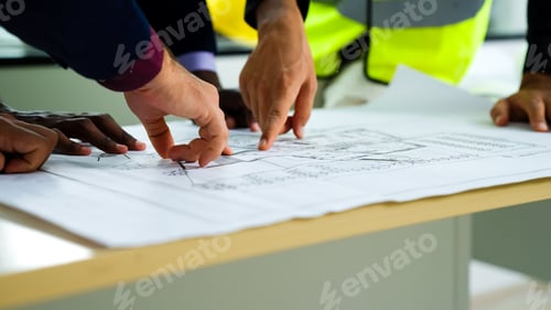 Preview: Construction engineers team using blueprint of project plan brainstorming