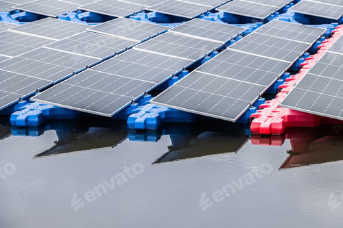 Floating Solar Panel, Photovoltaic panel PV System in lake pond. Saving Energy with Clean Power