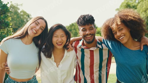 Preview: Happy, lovely multiethnic young people posing for the camera on summer day outdoors