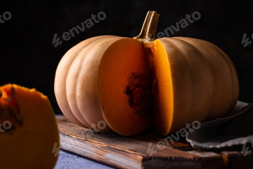 Preview: Raw fresh cut pumpkin on dark background