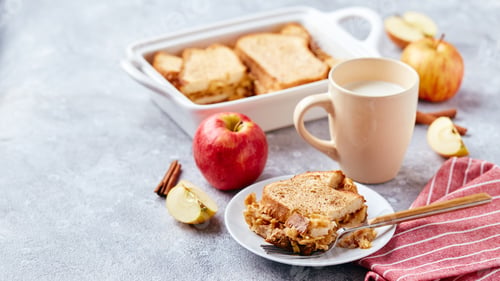 Preview: Bread pudding breakfast casserole made from wheat bread, eggs, milk and grated apples