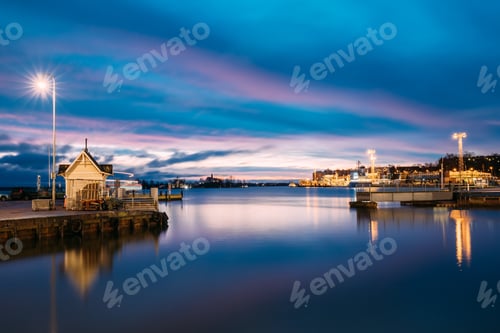 Preview: Helsinki, Finland. Landscape With City Pier, Jetty At Winter Sun