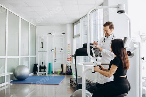 Preview: Young woman making spine examination in diagnostics machine with physiotherapist