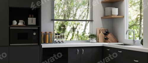 Preview: Modern black and white kitchen with cabinet and cupboard, microwave, kitchenware, sink