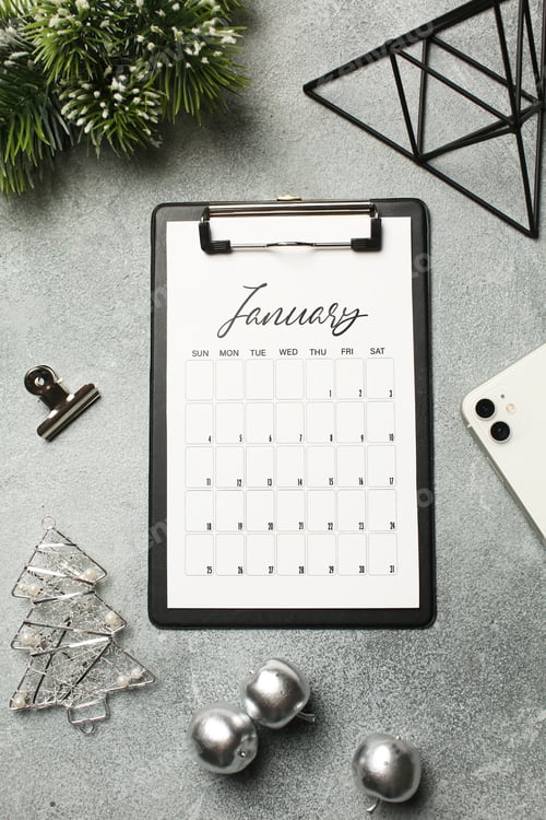Preview: January Minimalist Flat Lay with Winter Decor and Calendar