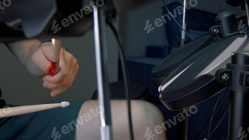 Preview: Hands of drummer musician man playing rhythmically hitting drums. Media. Close up of drum kit at a