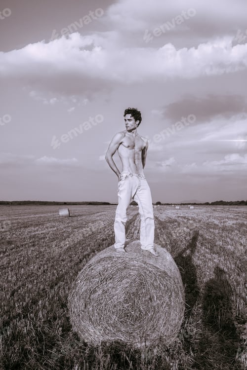 Preview: Slender Shirtless Young Man Standing On Haystack, Outdoors, On Field. Looking Away. Black And White