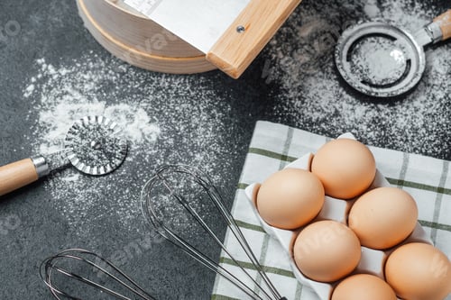 Preview: Preparing ingredients for baking with eggs and tools on countertop