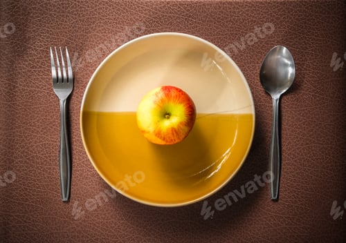 Preview: An apple on plate and spoon on table.