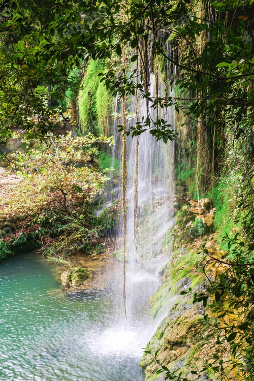 Preview: Panorama of Kursunlu waterfall with clear water in the lake. View of Kursunlu Waterfall in Antalya.