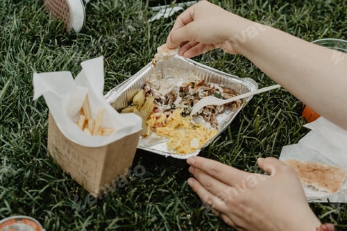 Preview: Eating fast food outdoors in summer time on a green grass