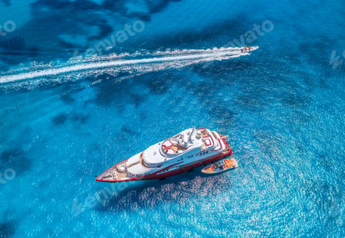 Preview: Aerial view of beautiful luxury yacht and boat in blue sea