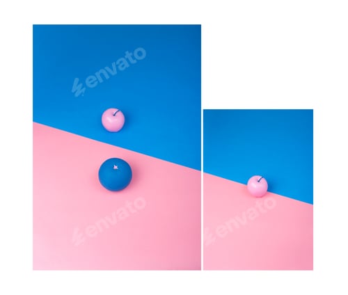 Preview: Painted apples and orange on two inverted colored paper. Minimalistic wallpaper.
