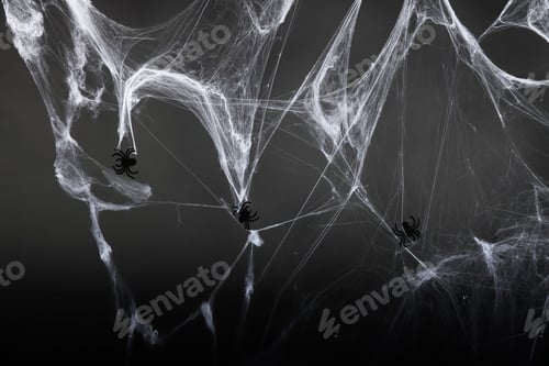 Preview: Black plastic spiders hang on a white cobweb on a black and gray background
