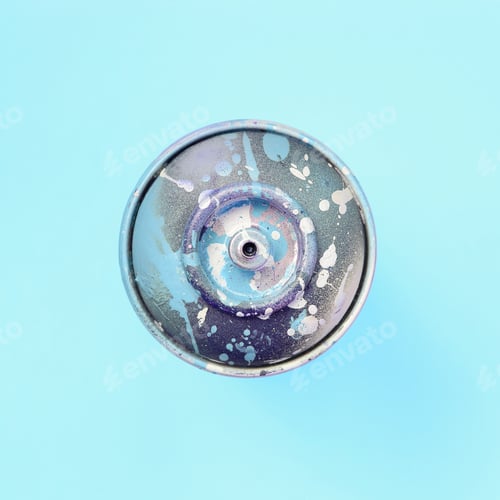 Preview: Used spray can with blue paint drips lie on texture background of fashion pastel blue color paper in