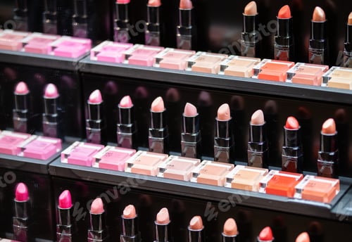Preview: Set of lipsticks on shelves in cosmetics beauty store