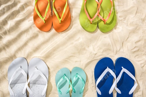 Preview: top view of white, green, orange, turquoise and blue flip flops on sand with shadows
