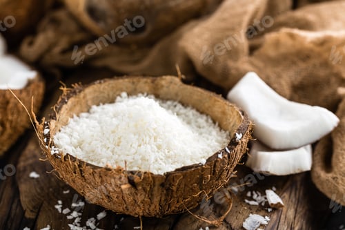 Close-up of Shredded Coconut in Coconut Shell