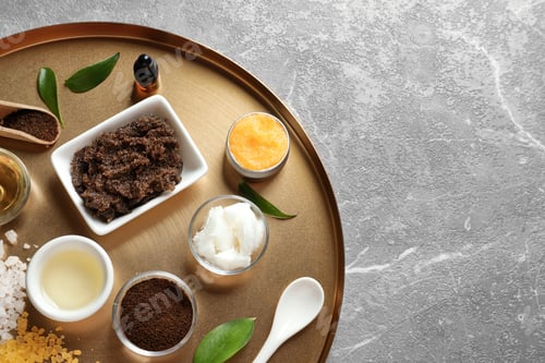 Vista previa: Ingredients for natural body scrub on metal tray