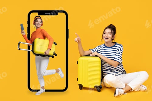 Preview: Image with phone, summer time design, travel time, vacation, design background for advertising